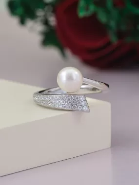 Natural Freshwater Pearl And Diamond Designer Ring In 925 Silver